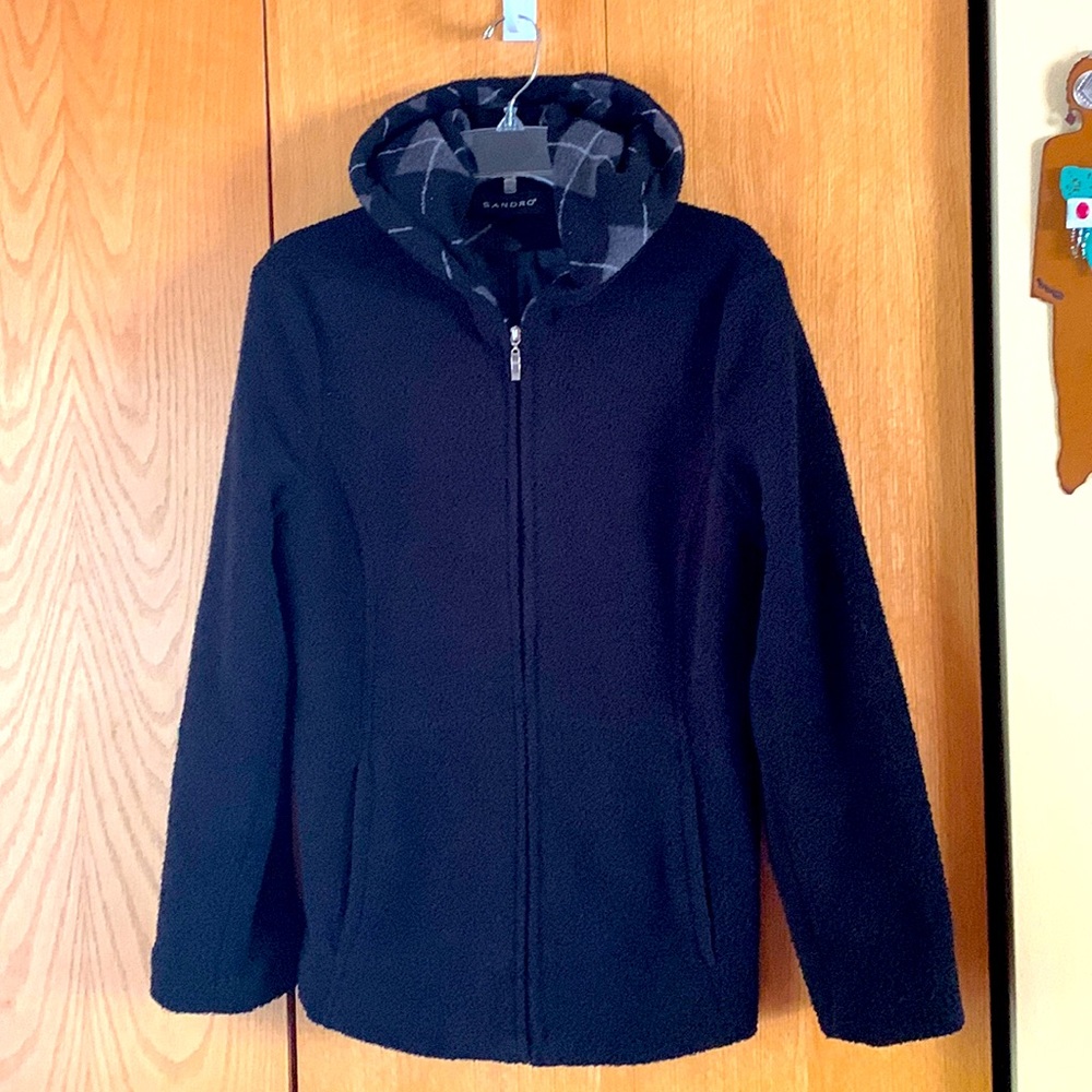 Sandro zip up vegan curly fleece argyle hooded jacket coat MED black lined VGUC